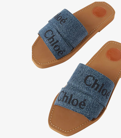 CHLOE WOODY SQUARE-TOE FLAT SANDALS IN DENIM