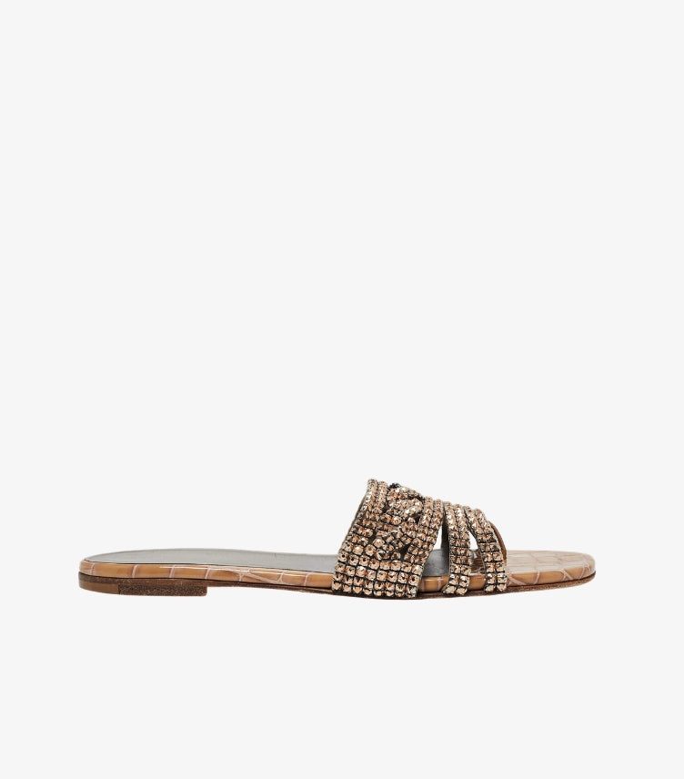 GINA GOLD CROC EMBOSSED LEATHER AND LEATHER CRYSTAL EMBELLISHED FLAT SLIDES