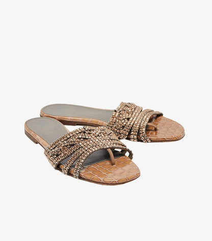 GINA GOLD CROC EMBOSSED LEATHER AND LEATHER CRYSTAL EMBELLISHED FLAT SLIDES