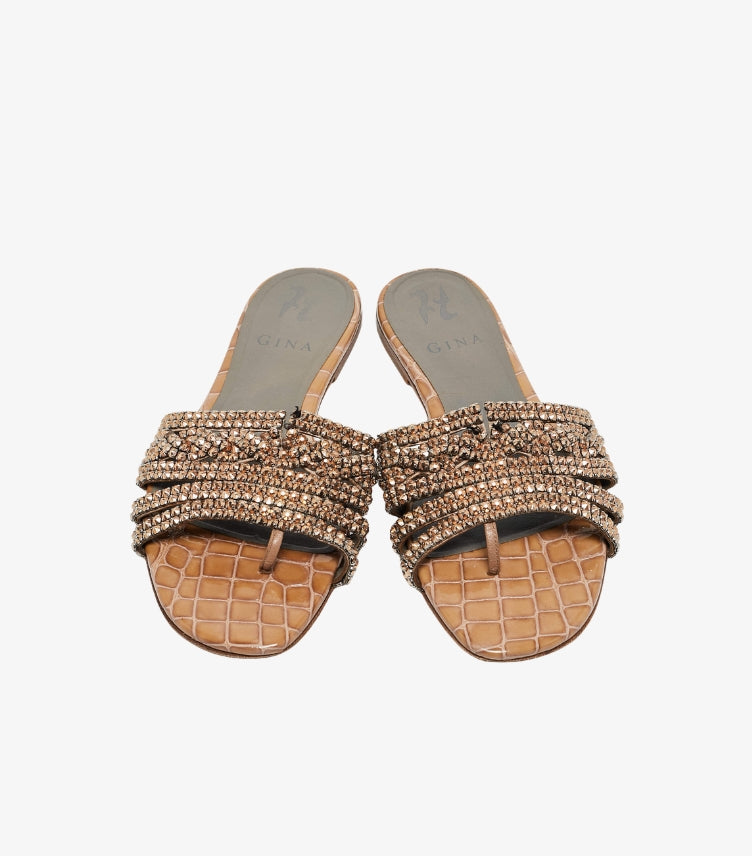 GINA GOLD CROC EMBOSSED LEATHER AND LEATHER CRYSTAL EMBELLISHED FLAT SLIDES