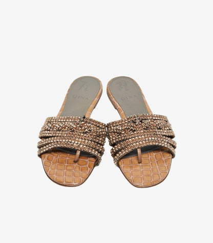 GINA GOLD CROC EMBOSSED LEATHER AND LEATHER CRYSTAL EMBELLISHED FLAT SLIDES