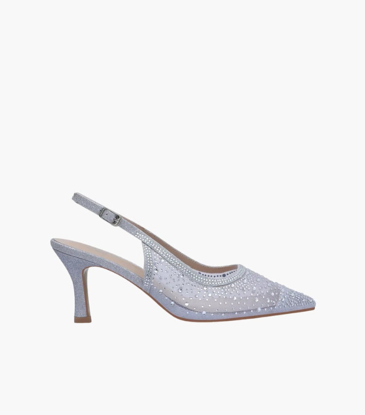 SEQWL MESH SLINGBACK SHOES MID HEEL PUMPS IN SILVER