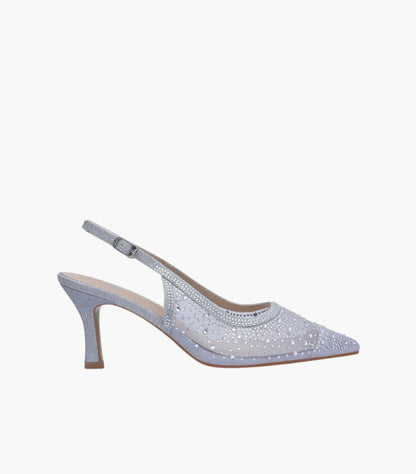 SEQWL MESH SLINGBACK SHOES MID HEEL PUMPS IN SILVER