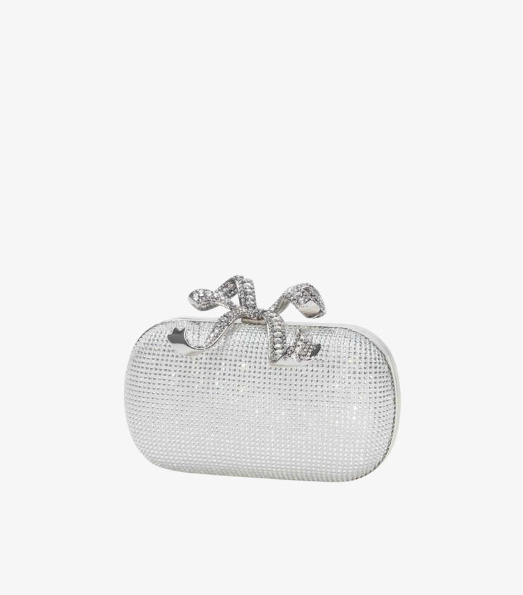 SELF-PORTRAIT RHINESTONE SILVER BOW CLUTCH BAG