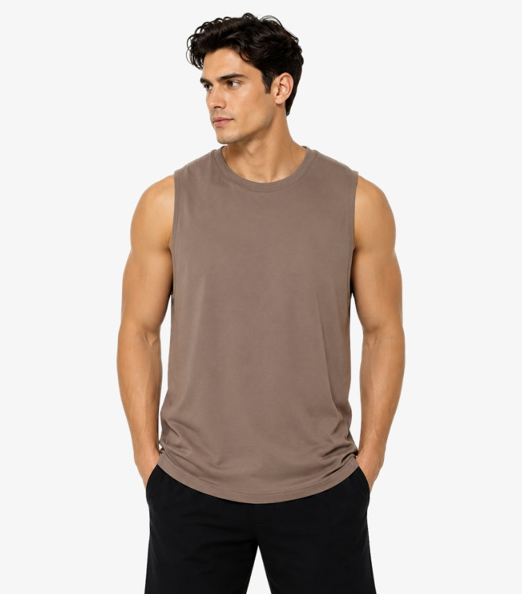 Alo Yoga men's taupe sleeveless performance muscle tank top front view