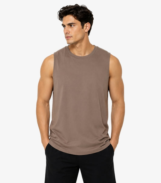 Alo Yoga men's taupe sleeveless performance muscle tank top front view