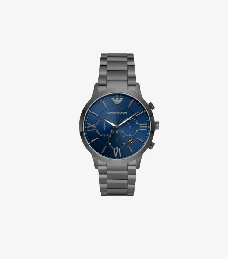 EMPORIO ARMANI GIOVANNI GREY STAINLESS STEEL BLUE DIAL CHRONOGRAPH QUARTZ WATCH - AR11348