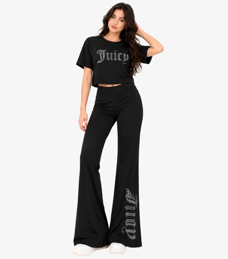Juicy Couture women's rhinestone logo crop top and wide-leg trouser co-ord set front view