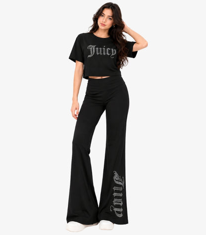 Juicy Couture women's rhinestone logo crop top and wide-leg trouser co-ord set front view