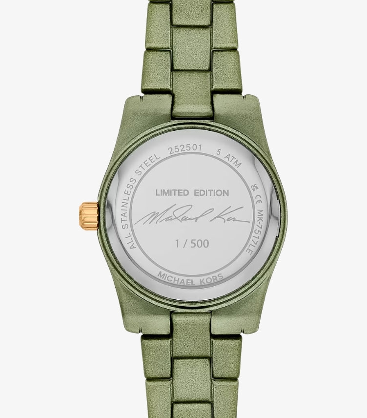 Close-up of Michael Kors MK-7517LE limited-edition watch case back engraved 1 of 500 and 5 ATM