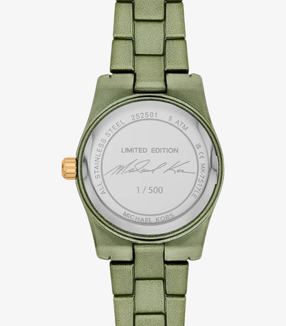 Close-up of Michael Kors MK-7517LE limited-edition watch case back engraved 1 of 500 and 5 ATM