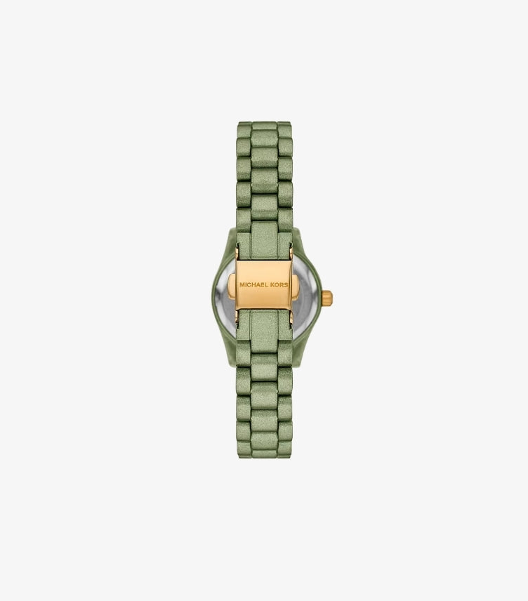 Back view of Michael Kors green-tone stainless-steel bracelet watch showing its branded gold-tone clasp