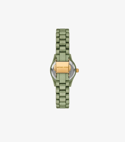 Back view of Michael Kors green-tone stainless-steel bracelet watch showing its branded gold-tone clasp