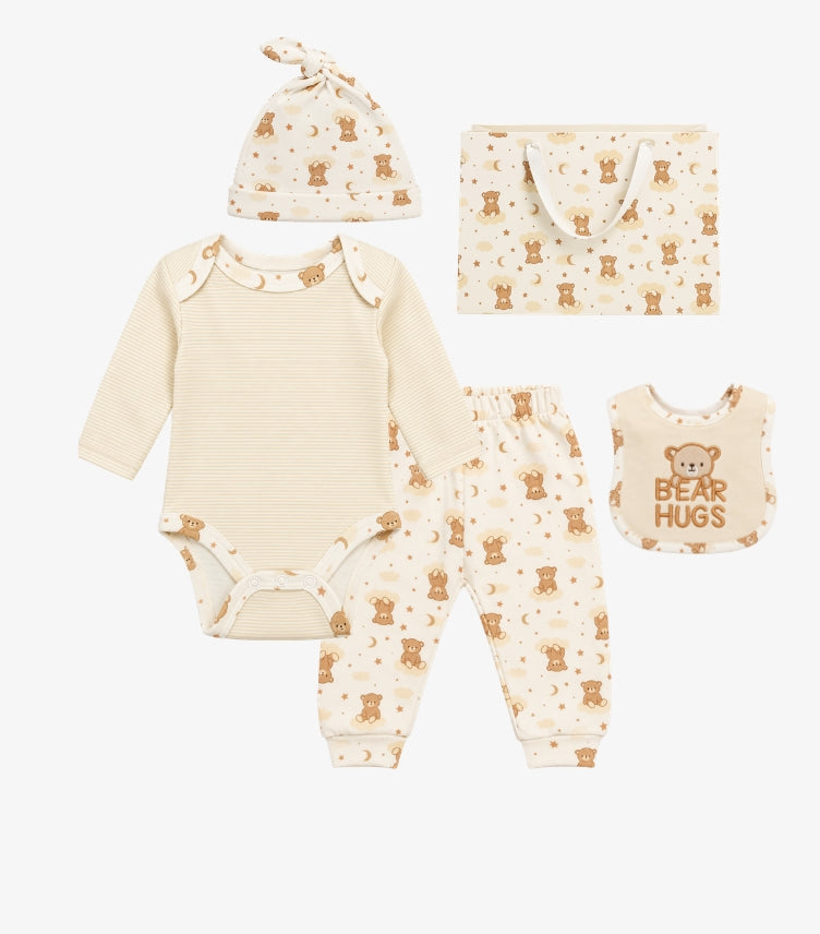 Elephant & Castle baby 4-piece teddy bear print outfit with striped bodysuit, trousers, knotted hat and Bear Hugs bib
