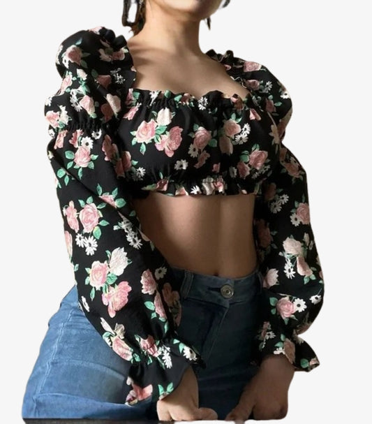 H&M FLORAL PRINT SQUARE NECK PUFF SLEEVE CROP BLOUSE