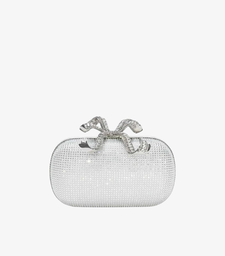 SELF-PORTRAIT RHINESTONE SILVER BOW CLUTCH BAG