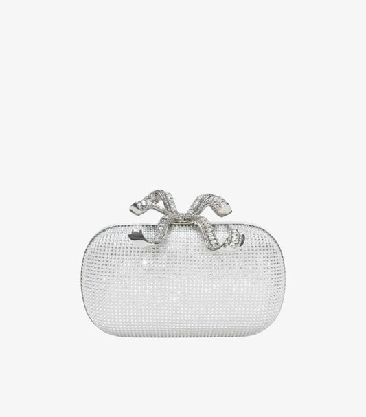 SELF-PORTRAIT RHINESTONE SILVER BOW CLUTCH BAG