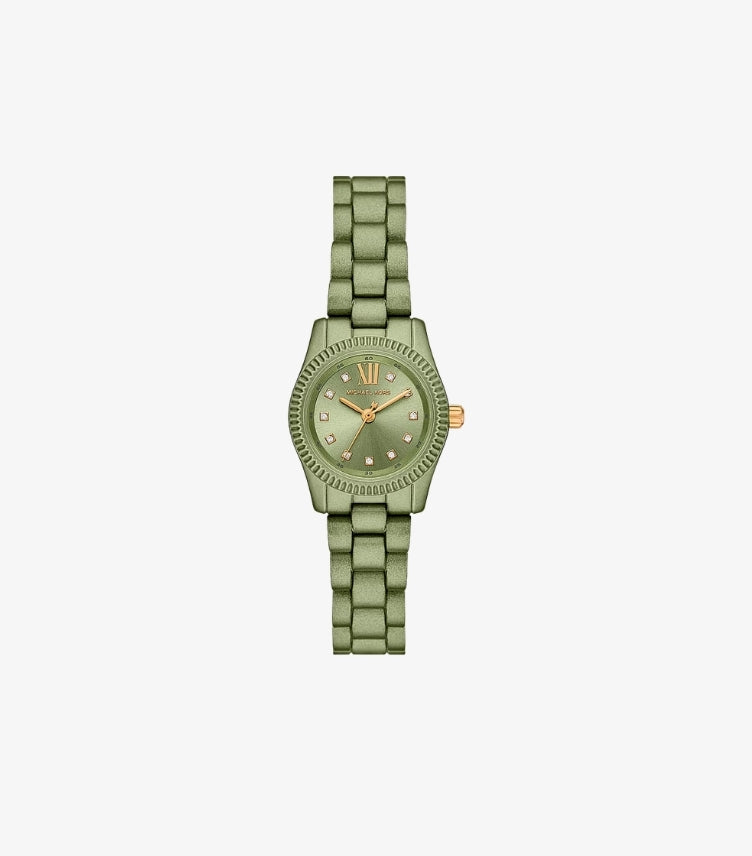 Front view of Michael Kors limited-edition petite green-tone watch with 26mm case, pavé indexes and gold-tone details