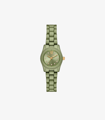 Front view of Michael Kors limited-edition petite green-tone watch with 26mm case, pavé indexes and gold-tone details