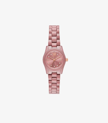 Front view of Michael Kors women’s limited-edition petite pink-tone stainless-steel watch with 26mm case, pavé indexes and rose gold-tone details