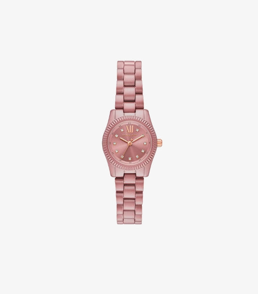 Front view of Michael Kors women’s limited-edition petite pink-tone stainless-steel watch with 26mm case, pavé indexes and rose gold-tone details