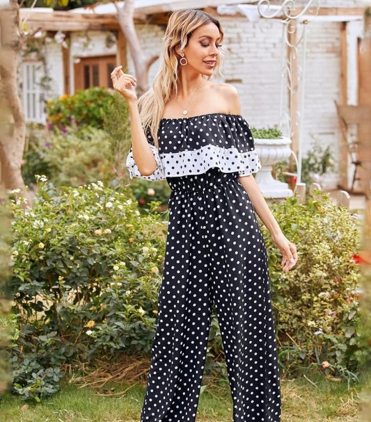 SHEIN DOT RUFFLE TRIM BARDOT JUMPSUIT