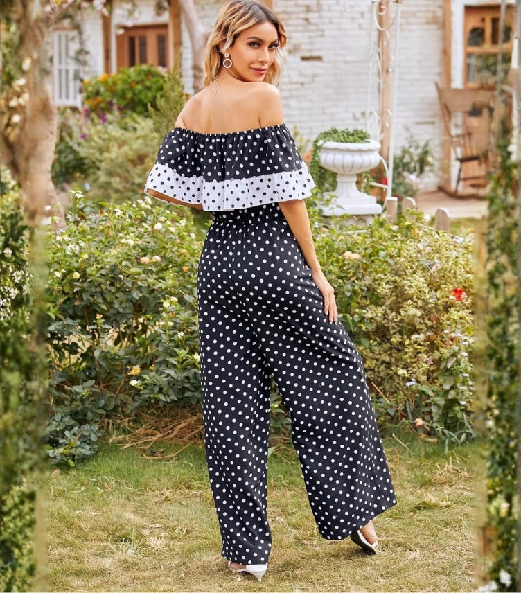 SHEIN DOT RUFFLE TRIM BARDOT JUMPSUIT