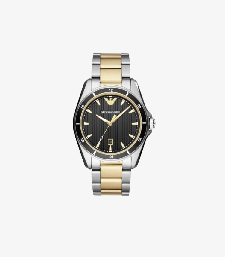 EMPORIO ARMANI TWO-TONE STAINLESS STEEL BLACK DIAL QUARTZ WATCH - AR80017