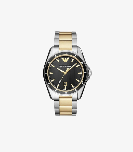 EMPORIO ARMANI TWO-TONE STAINLESS STEEL BLACK DIAL QUARTZ WATCH - AR80017