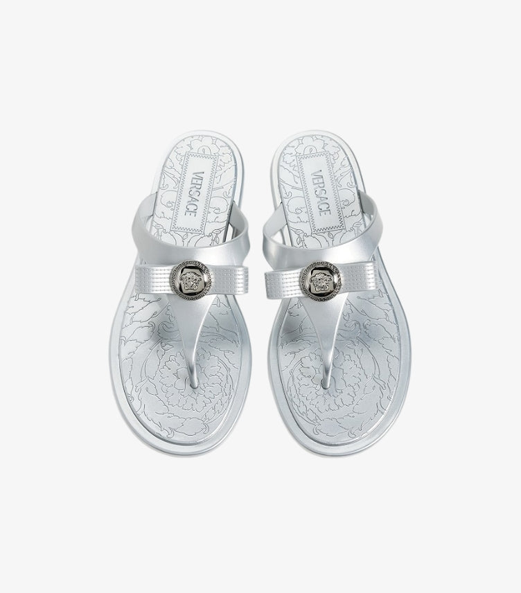 Top view of Versace women's silver slide sandals