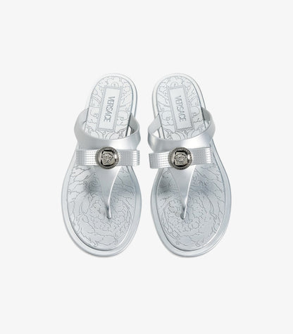 Top view of Versace women's silver slide sandals