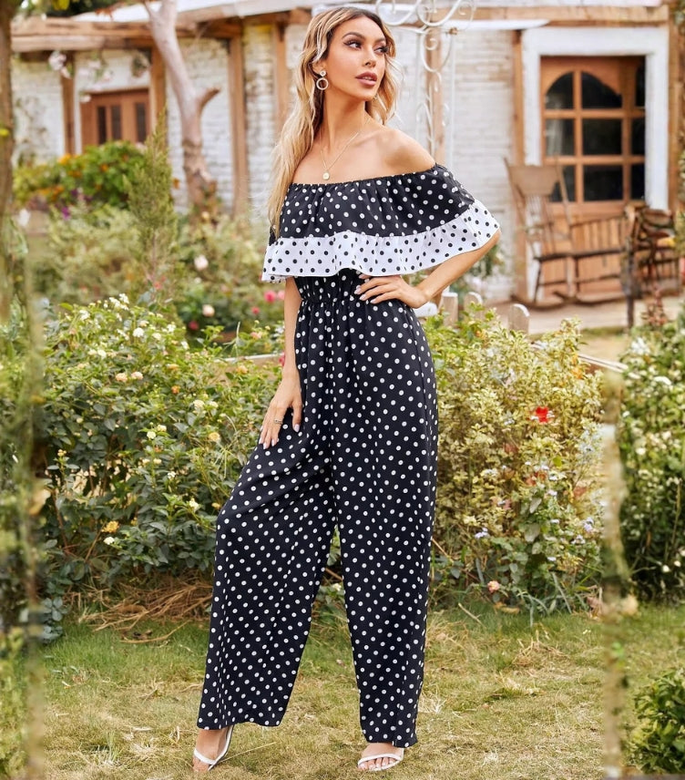SHEIN DOT RUFFLE TRIM BARDOT JUMPSUIT