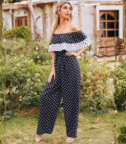 SHEIN DOT RUFFLE TRIM BARDOT JUMPSUIT