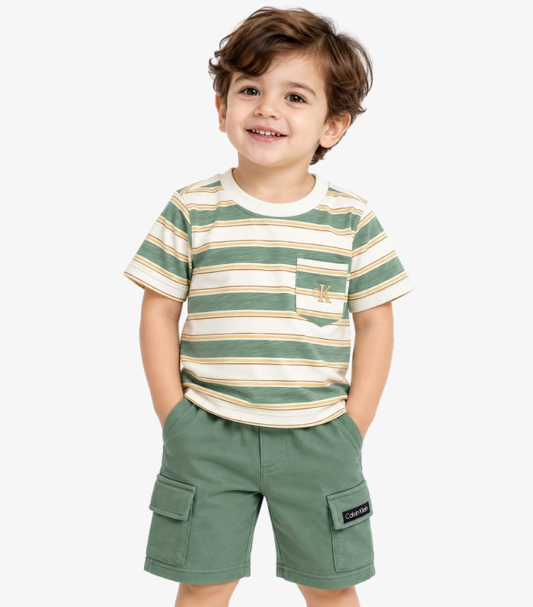 Calvin Klein baby boys green and cream striped T-shirt with CK logo chest pocket and matching sage green cargo shorts.