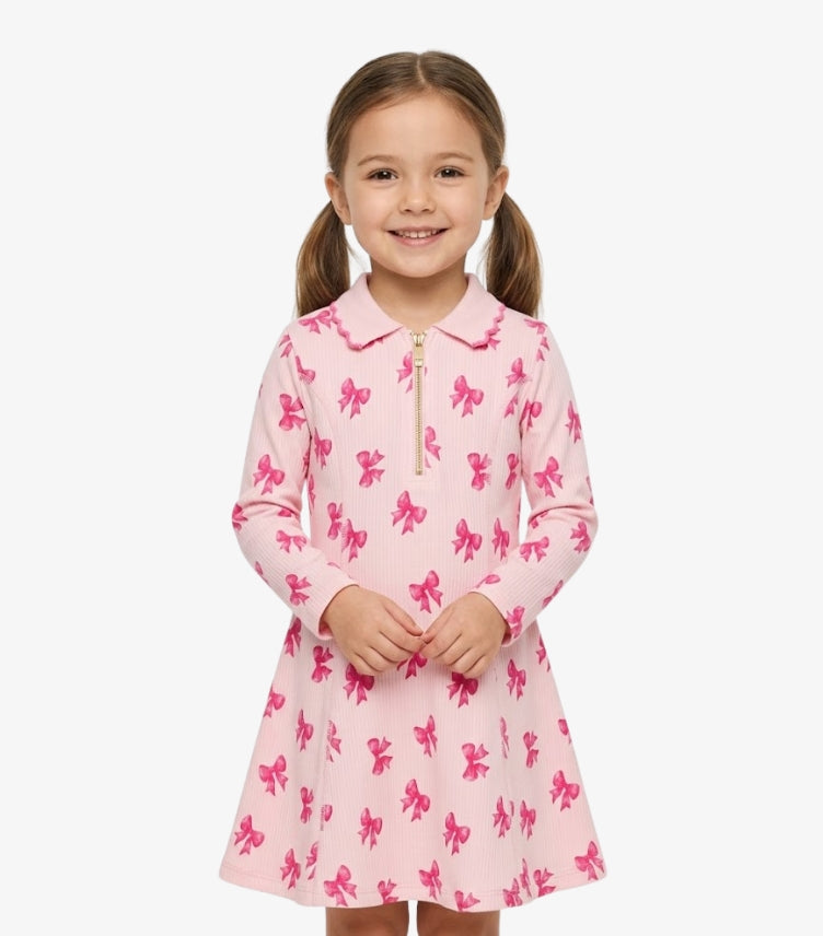 RIVER ISLAND MINI GIRLS PINK BOW PRINT ZIP-FRONT DRESS