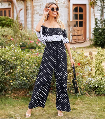 SHEIN DOT RUFFLE TRIM BARDOT JUMPSUIT