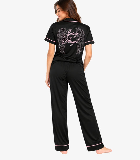 Back view of Juicy Couture women’s satin-effect pyjama set with large embellished Juicy Angel wings design