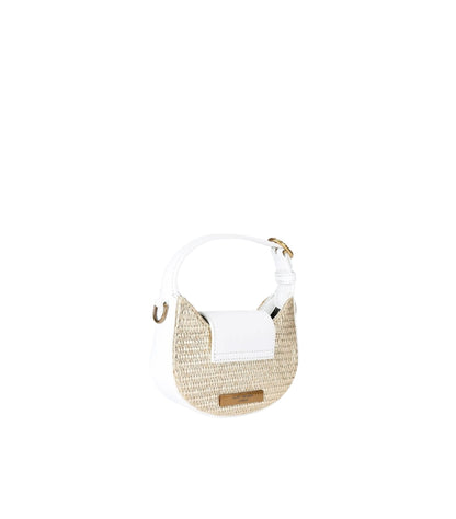 Back view of Kurt Geiger Micro Chelsea Hobo rattan bag with bone trim and gold foil logo