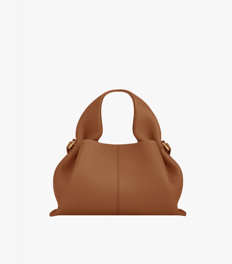 Polène Paris Numéro Nine Mini Bag in Tan Caramel Grained Leather with Gold-Tone D-Ring Hardware and Structured Rolled Top Handle 