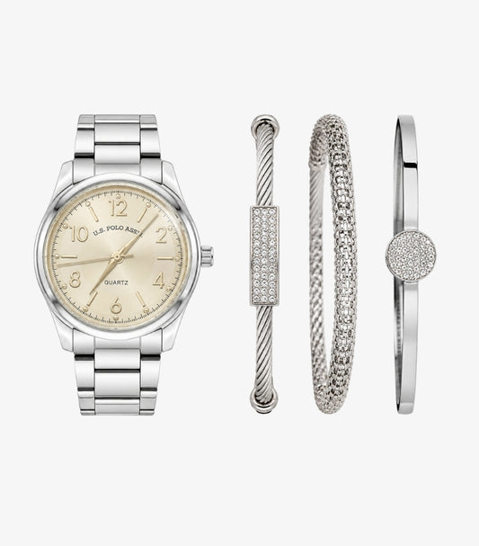 U.S. POLO ASSN. SILVER STAINLESS STEEL WATCH & BRACELET SET