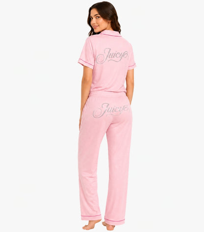 JUICY COUTURE WOMEN'S PINK PAJAMA SET | BUTTON-DOWN SHORT SLEEVE TOP & PANTS WITH RHINESTONE LOGO