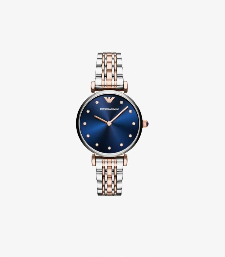 EMPORIO ARMANI GIANNI T-BAR TWO-TONE STAINLESS STEEL BLUE DIAL QUARTZ WATCH  - AR11092