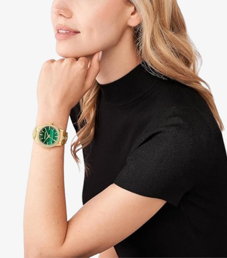 MICHAEL KORS RUNWAY PAVÉ GOLD-TONE AND MALACHITE WATCH MK7390