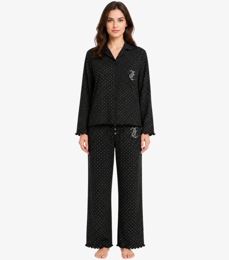 Juicy Couture women's black polka dot long sleeve pajama set with matching lounge pants front view.
