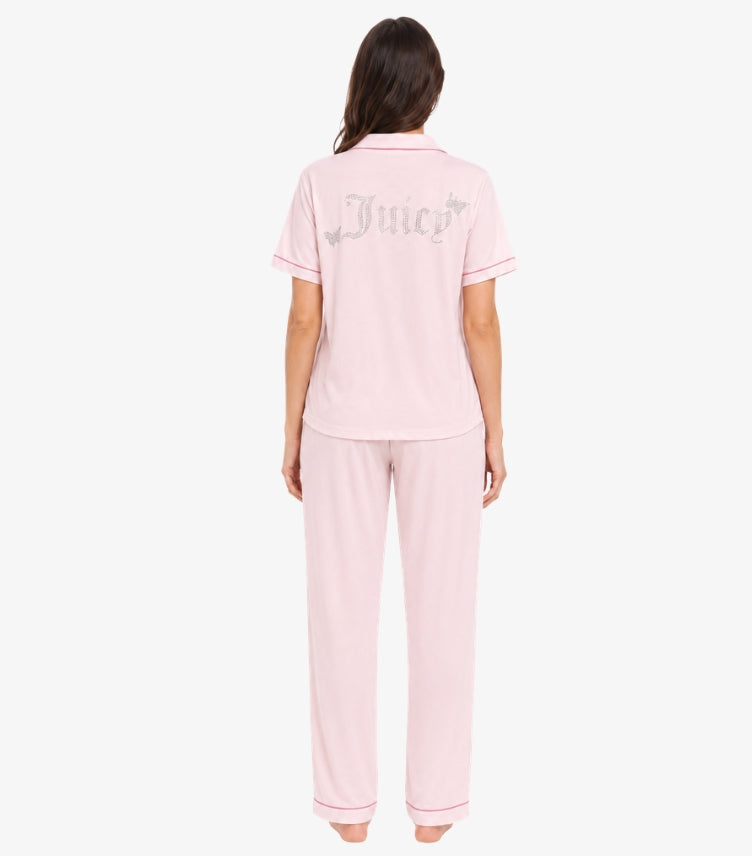 Back view of Juicy Couture pink pajama set featuring a large sparkling Juicy logo on the shirt