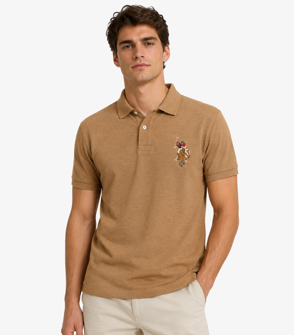 U.S. Polo Assn. men's camel embroidered logo premium cotton polo shirt front view
