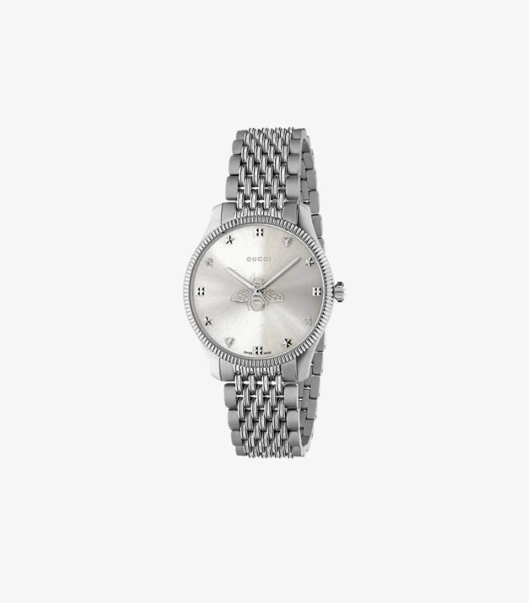 Gucci G-Timeless YA1264153 29mm Women's Watch – Silver Sunray Dial with Embossed Bee Motif, Diamond Star Hour Markers, Fluted Bezel, GUCCI Signature and Five-Row Steel Bracelet – Front View