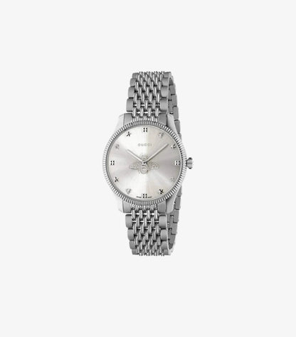 Gucci G-Timeless YA1264153 29mm Women's Watch – Silver Sunray Dial with Embossed Bee Motif, Diamond Star Hour Markers, Fluted Bezel, GUCCI Signature and Five-Row Steel Bracelet – Front View