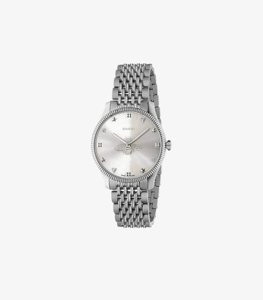 Gucci G-Timeless YA1264153 29mm Women's Watch – Silver Sunray Dial with Embossed Bee Motif, Diamond Star Hour Markers, Fluted Bezel, GUCCI Signature and Five-Row Steel Bracelet – Front View