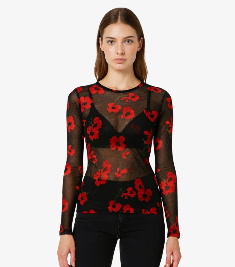 PRIMARK WOMEN FLORAL PRINT MESH TOP LONG SLEEVE